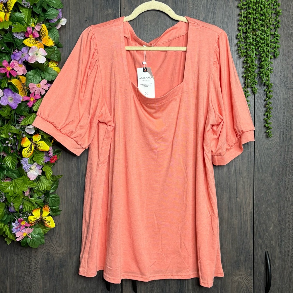 b🌼3/$30🌼NWT Adreamly Vibrant Orange Coral Square Neck Top Size 2XL